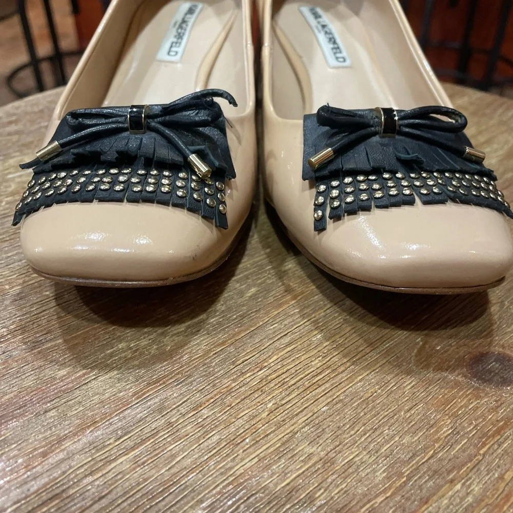 Karl Lagerfeld Nude Beige Block Heel Pumps with Black Fringe Accent